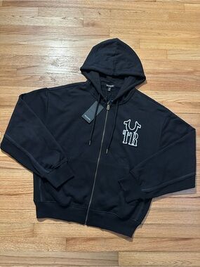 True Religion Black Full-Zip Hoodie with Embroidered Logo